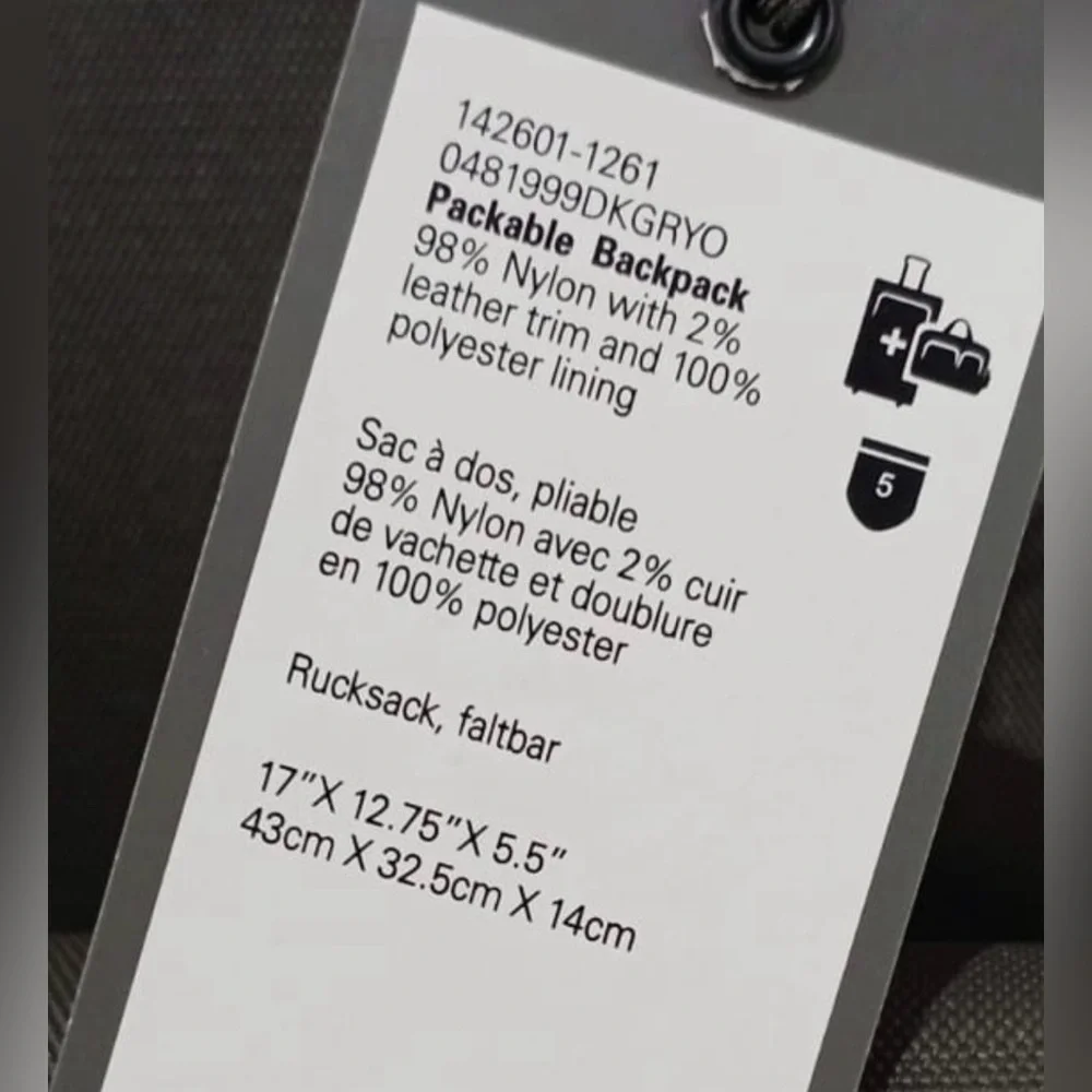 NWT TUMI Packable/Foldable Backpack Dark Gray - Picture 5 of 6